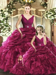 Colorful Floor Length Burgundy Sweet 16 Quinceanera Dress Organza Sleeveless Ruffles