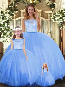 High Quality Blue Sleeveless Lace Floor Length Sweet 16 Quinceanera Dress