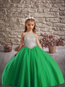 Green Tulle Backless Scoop Sleeveless Little Girls Pageant Dress Sweep Train Beading