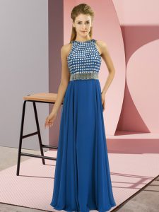 Beading Dress for Prom Blue Side Zipper Sleeveless Floor Length