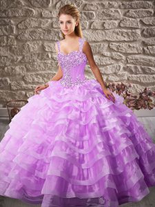 Super Lilac Lace Up Sweet 16 Dress Beading and Ruffled Layers Sleeveless Floor Length