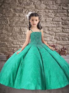 Floor Length Turquoise Pageant Gowns For Girls Spaghetti Straps Sleeveless Lace Up