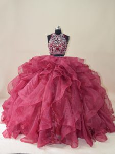 Extravagant Burgundy Quinceanera Gown Sweet 16 and Quinceanera with Beading and Ruffles Halter Top Sleeveless Brush Trai