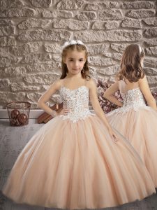 Fashion Champagne Little Girls Pageant Dress Wholesale Tulle Sweep Train Sleeveless Appliques