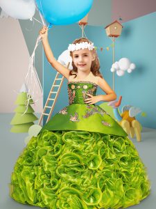 Olive Green Fabric With Rolling Flowers Lace Up Little Girls Pageant Gowns Sleeveless Sweep Train Embroidery