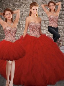 Red Tulle Lace Up Sweetheart Sleeveless Floor Length Sweet 16 Quinceanera Dress Beading and Ruffles