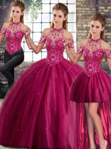 Custom Made Sleeveless Tulle Brush Train Lace Up Quinceanera Dresses in Fuchsia with Beading