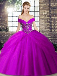 Graceful Tulle Off The Shoulder Sleeveless Brush Train Lace Up Beading and Pick Ups Quinceanera Dress in Purple