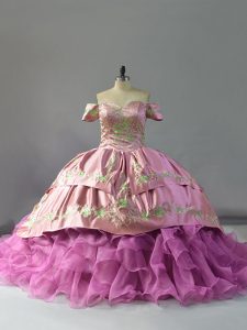 Lilac Ball Gowns Embroidery and Ruffles 15 Quinceanera Dress Lace Up Organza Sleeveless