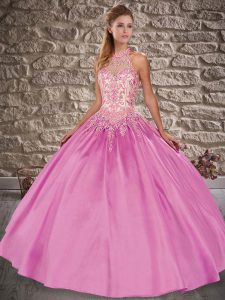 Spectacular Rose Pink Sleeveless Satin Brush Train Lace Up 15th Birthday Dress for Military Ball and Sweet 16 and Quince