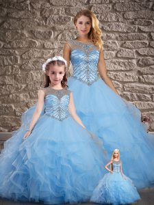 Blue Ball Gowns Beading and Ruffles Sweet 16 Quinceanera Dress Lace Up Tulle Sleeveless