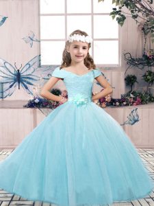 Glorious Aqua Blue Pageant Dress Wholesale Party and Wedding Party with Lace and Belt Off The Shoulder Sleeveless Lace U