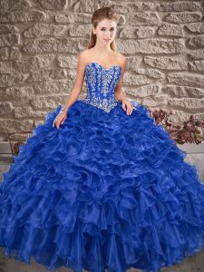 Royal Blue Sweet 16 Quinceanera Dress Organza Brush Train Sleeveless Beading and Ruffles