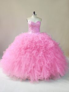 Latest Baby Pink Sweetheart Neckline Beading and Ruffles Quinceanera Gown Sleeveless Lace Up