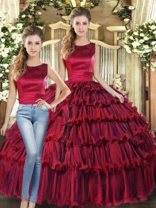 Floor Length Two Pieces Sleeveless Wine Red Quinceanera Gown Lace Up
