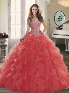 Coral Red Ball Gowns Sweetheart Sleeveless Organza Brush Train Lace Up Beading and Ruffles Quince Ball Gowns