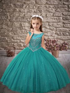 Sleeveless Floor Length Beading Zipper Pageant Dress Toddler with Teal