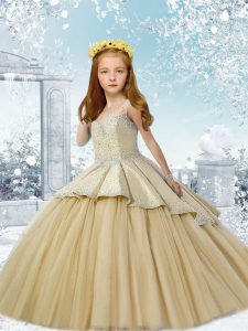 Lace Up Little Girls Pageant Dress Gold for Wedding Party with Beading Brush Train