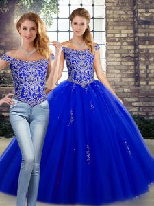 Sleeveless Tulle Floor Length Lace Up Ball Gown Prom Dress in Royal Blue with Beading
