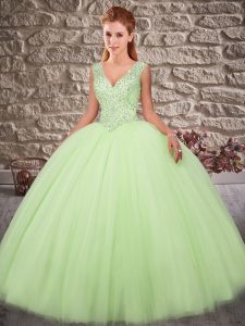 Yellow Green Quinceanera Gowns Tulle Brush Train Sleeveless Beading