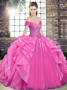 Cute Rose Pink Off The Shoulder Neckline Beading and Ruffles Quinceanera Dresses Sleeveless Lace Up