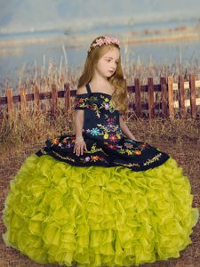 Excellent Floor Length Olive Green Little Girls Pageant Dress Wholesale Off The Shoulder Short Sleeves Lace Up