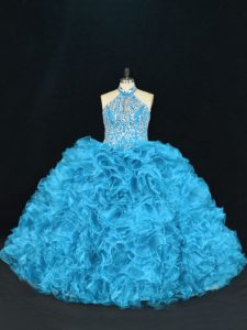 Lovely Sleeveless Organza Floor Length Lace Up Sweet 16 Dresses in Blue with Beading and Ruffles