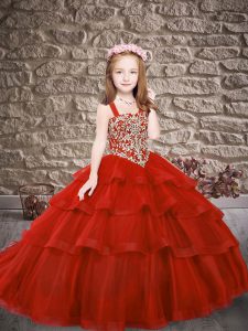 High End Tulle Straps Sleeveless Sweep Train Lace Up Embroidery and Ruffled Layers Little Girls Pageant Dress in Rust Re
