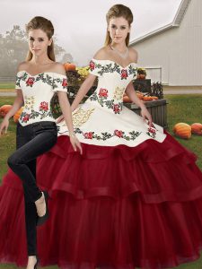 Wine Red Two Pieces Tulle Off The Shoulder Sleeveless Embroidery and Ruffled Layers Lace Up Sweet 16 Quinceanera Dress B