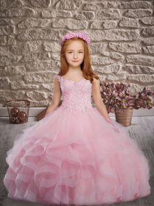 Baby Pink Tulle Lace Up Custom Made Pageant Dress Sleeveless Brush Train Beading and Appliques and Ruffles