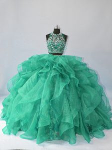 Fancy Turquoise Backless Halter Top Beading and Ruffles Sweet 16 Dress Organza Sleeveless Brush Train