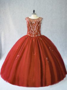 Floor Length Rust Red 15th Birthday Dress Tulle Sleeveless Beading