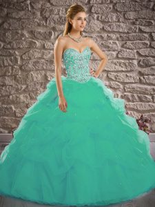 Turquoise Sleeveless Beading and Pick Ups Lace Up Quinceanera Gown