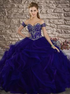 Stunning Purple Ball Gowns Sweetheart Sleeveless Tulle Sweep Train Lace Up Beading and Ruffles Sweet 16 Dresses