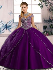 Perfect Cap Sleeves Tulle Brush Train Lace Up Quinceanera Gowns in Purple with Beading