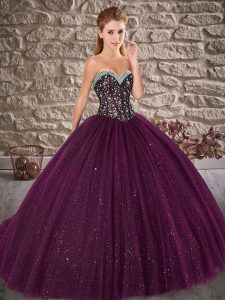 New Arrival Dark Purple Sleeveless Tulle Brush Train Lace Up 15 Quinceanera Dress for Military Ball and Sweet 16 and Qui