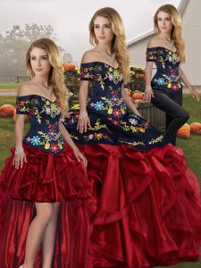 Red And Black Sleeveless Embroidery and Ruffles Floor Length Sweet 16 Dresses
