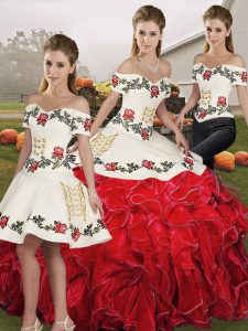 Decent White And Red Sleeveless Floor Length Embroidery and Ruffles Lace Up Quince Ball Gowns