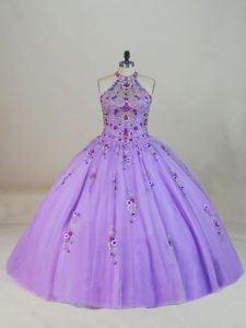 Modern Sleeveless Tulle Brush Train Lace Up Quince Ball Gowns in Lavender with Beading and Embroidery