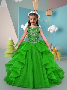Green Scoop Neckline Beading and Ruffles Little Girl Pageant Gowns Sleeveless Lace Up