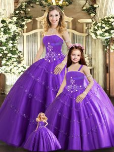 Custom Design Ball Gowns Ball Gown Prom Dress Purple Strapless Tulle Sleeveless Floor Length Lace Up