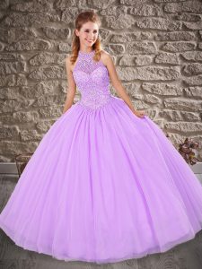 Cute Sleeveless Floor Length Beading Lace Up Sweet 16 Dress with Lavender