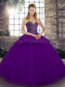 Amazing Purple Sleeveless Floor Length Beading and Appliques Lace Up Ball Gown Prom Dress