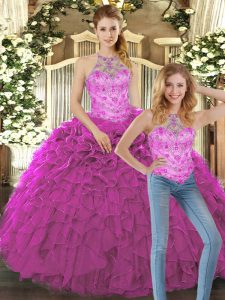 Charming Fuchsia Two Pieces Beading and Ruffles 15th Birthday Dress Lace Up Organza Sleeveless Floor Length