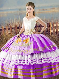 Fancy Lilac Sweet 16 Dress Sweet 16 and Quinceanera with Embroidery and Ruffled Layers V-neck Sleeveless Lace Up