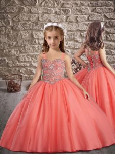 Watermelon Red Ball Gowns Beading Little Girls Pageant Dress Lace Up Tulle Sleeveless