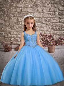 Customized Baby Blue Lace Up Straps Beading Kids Pageant Dress Tulle Sleeveless