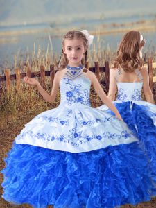 Dramatic Blue And White Halter Top Lace Up Beading and Embroidery and Ruffles Pageant Gowns For Girls Sleeveless