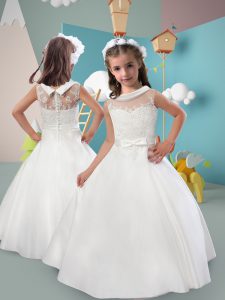 Suitable White Sleeveless Lace and Belt Floor Length Flower Girl Dress