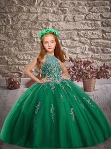 Sleeveless Beading Lace Up Pageant Gowns For Girls with Green Sweep Train